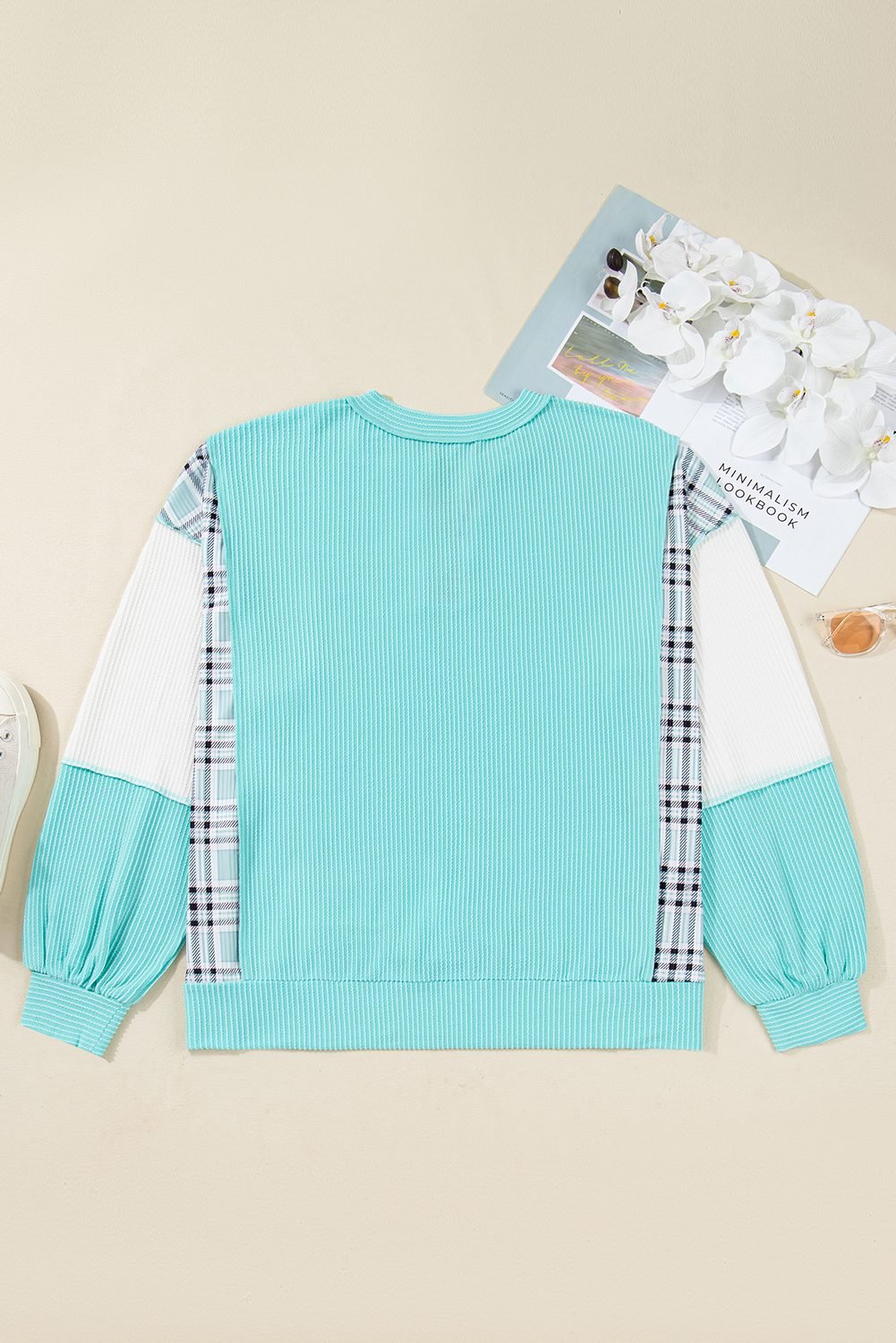 Aruba Blue Twist Ribbed Color Block Plaid Patchwork Plus Size Long Sleeve Top