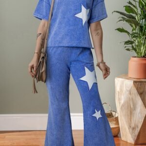 Ashleigh Blue Acid Wash Star Patched Rolled Trim Pants Set