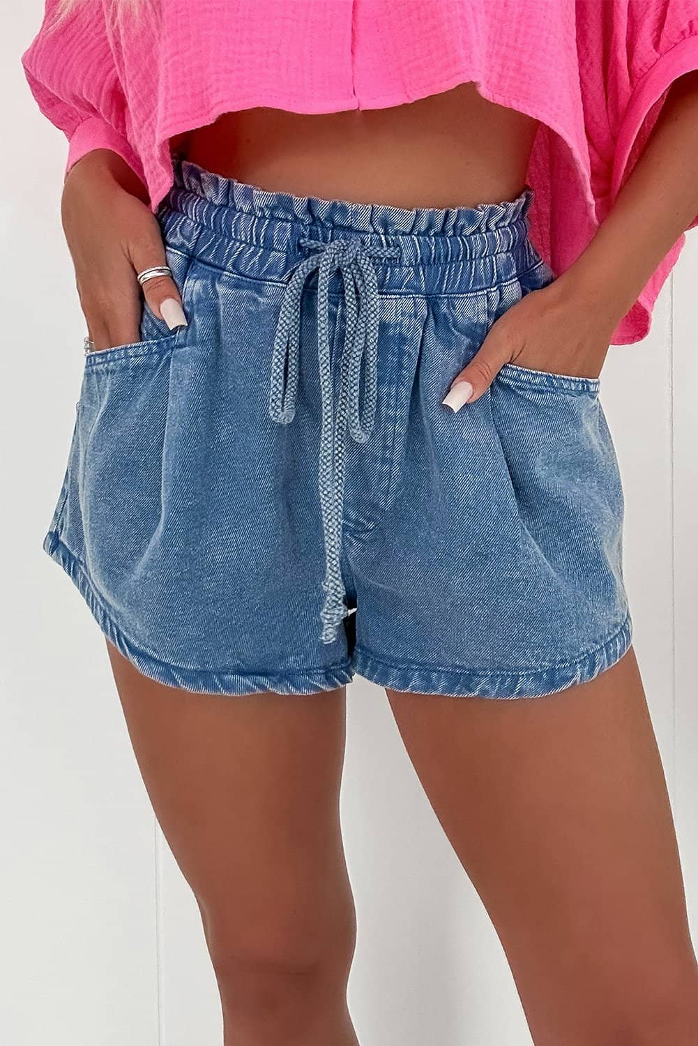 Ashleigh Blue Drawstring High Waist Casual Denim Shorts With Pockets