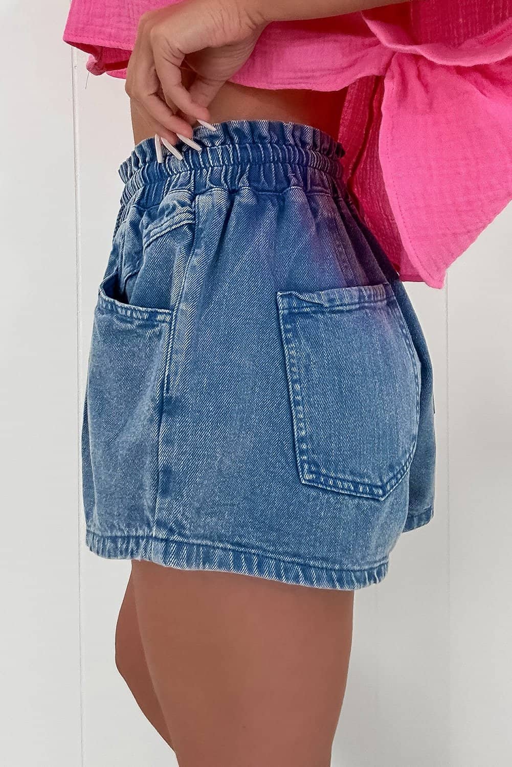 Ashleigh Blue Drawstring High Waist Casual Denim Shorts With Pockets