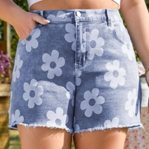Ashleigh Blue Floral Pattern High Waist Raw Hem Plus Size Denim Shorts