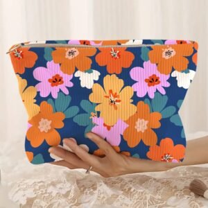 Ashleigh Blue Flower Print Zipper Corduroy Large Cosmetic Bag