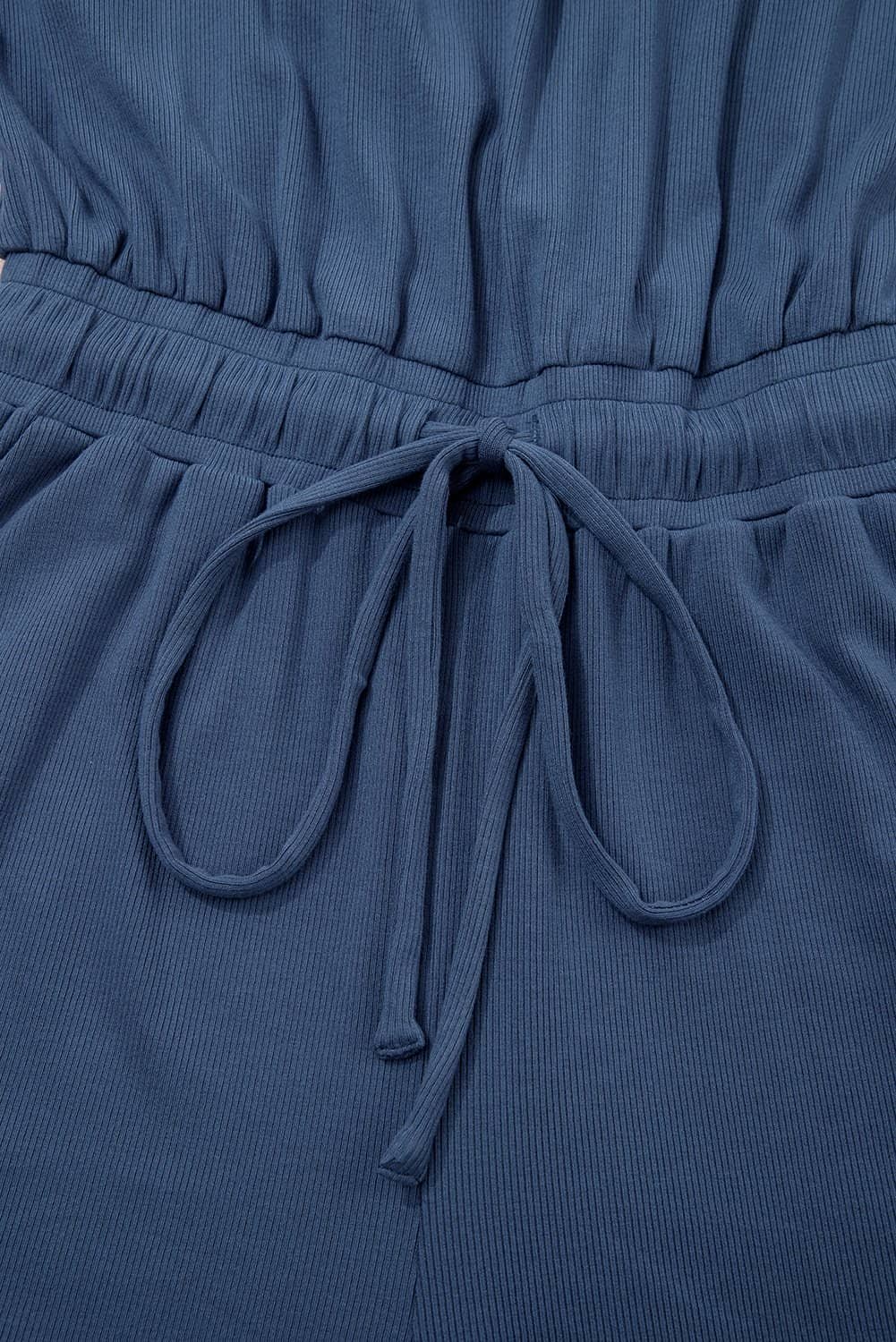Ashleigh Blue Knit Open Back Cap Sleeve Drawstring Romper