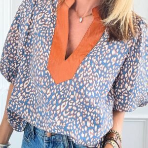 Ashleigh Blue Leopard Print Spot Contrast V Neck Half Puff Sleeve Shirt
