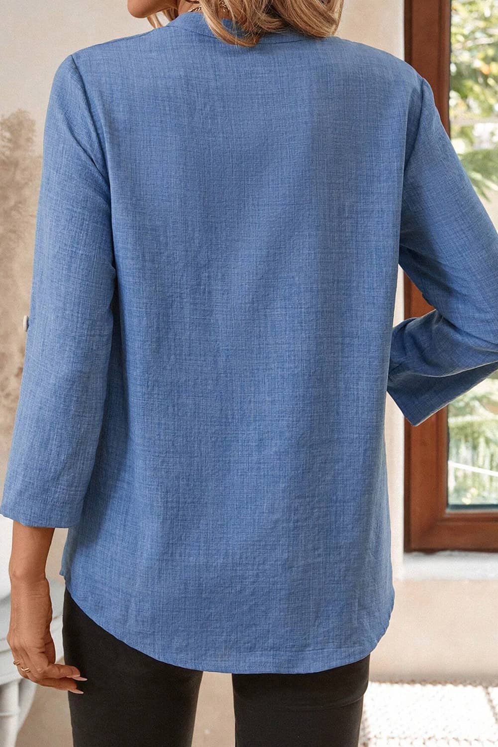 Ashleigh Blue Solid Color Notched V Neck Roll Up 3/4 Sleeve Blouse