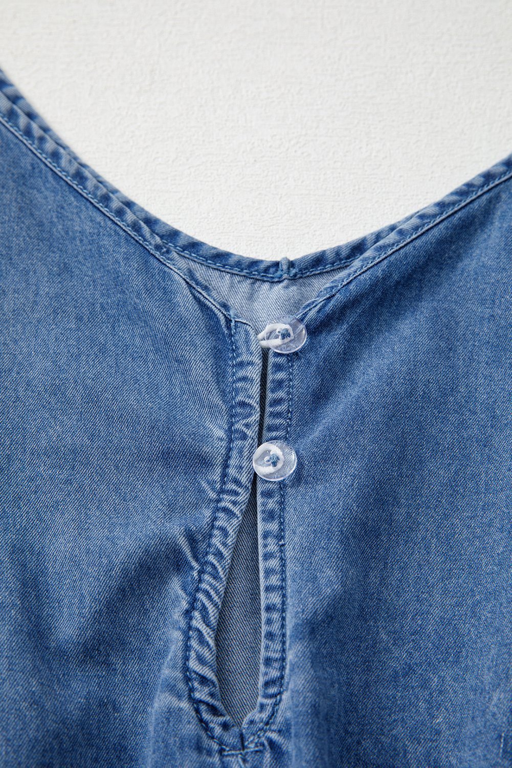 Ashleigh Blue Spaghetti Straps V Neck Belted Ruffled Leg Chambray Romper