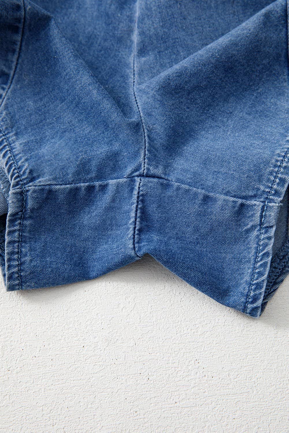 Ashleigh Blue Spaghetti Straps V Neck Belted Ruffled Leg Chambray Romper