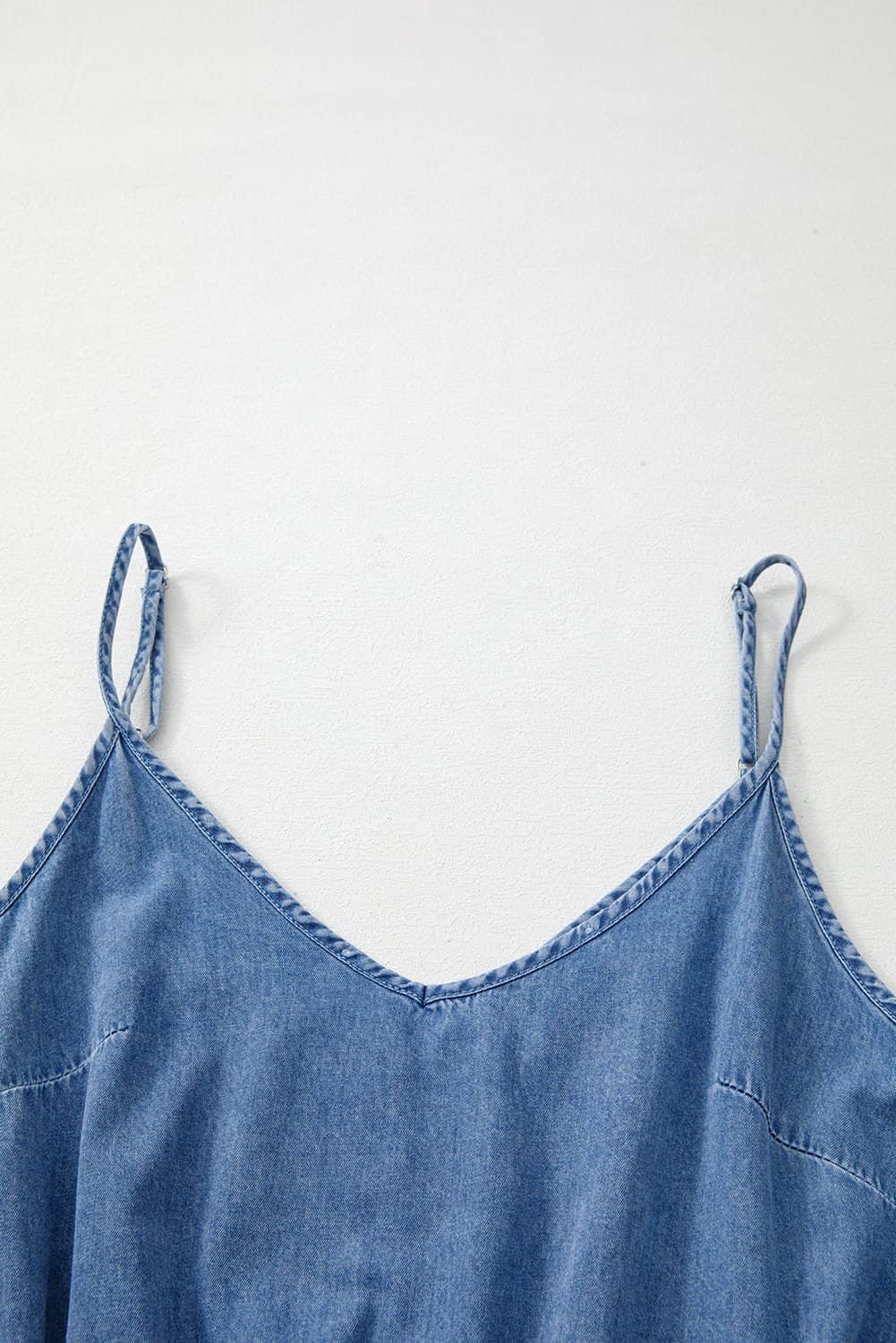 Ashleigh Blue Spaghetti Straps V Neck Belted Ruffled Leg Chambray Romper