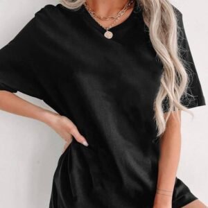 Black Solid Color Round Neck Basic Tunic T Shirt