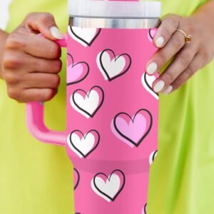 Rose Red Valentines Heart Printed Thermos Cup With Handle