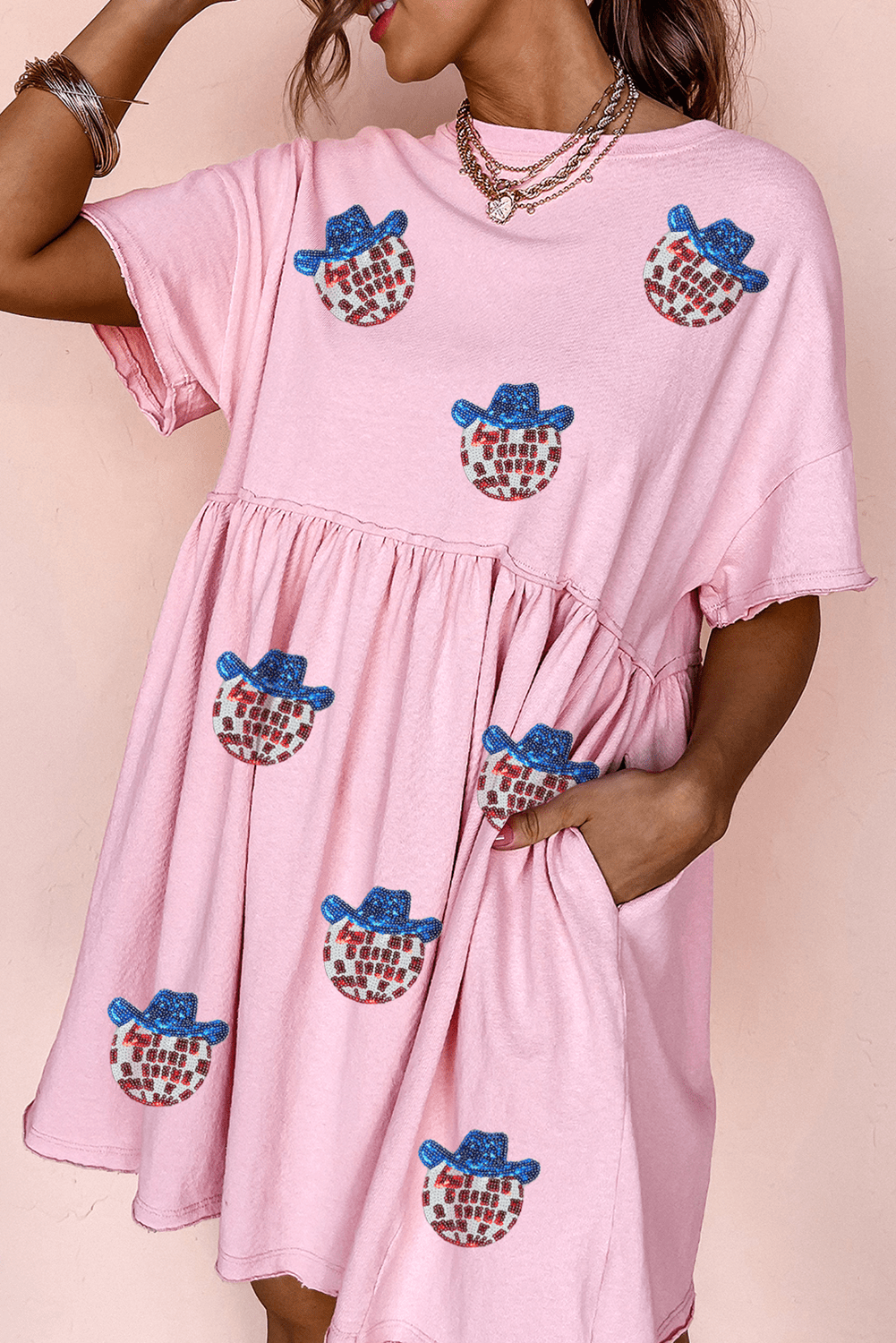 Light Pink American Flag Inspired Sequin Disco Ball Patched Shift Mini Dress