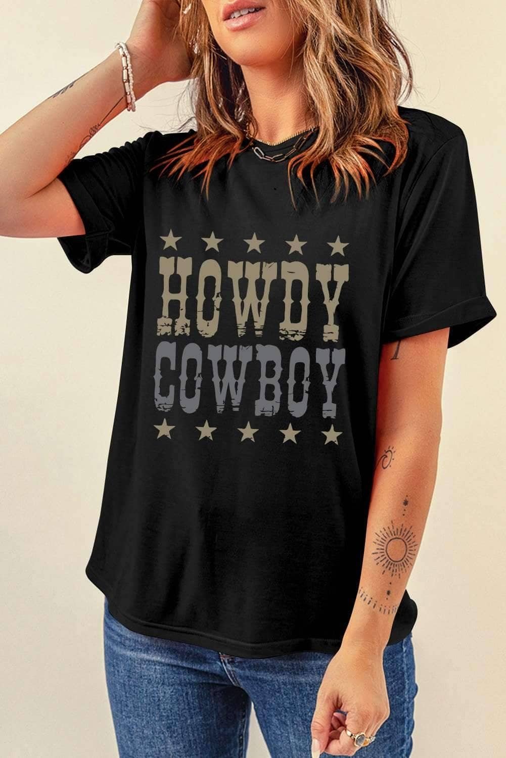 Black Howdy Cowboy Star Print Crew Neck Loose T Shirt