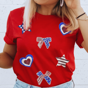 Red American Flag Inspired Sequined Pattern Crewneck Tee