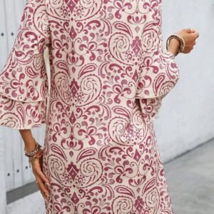 Pink Paisley Print Tiered 3/4 Sleeve Notched Neck Mini Dress