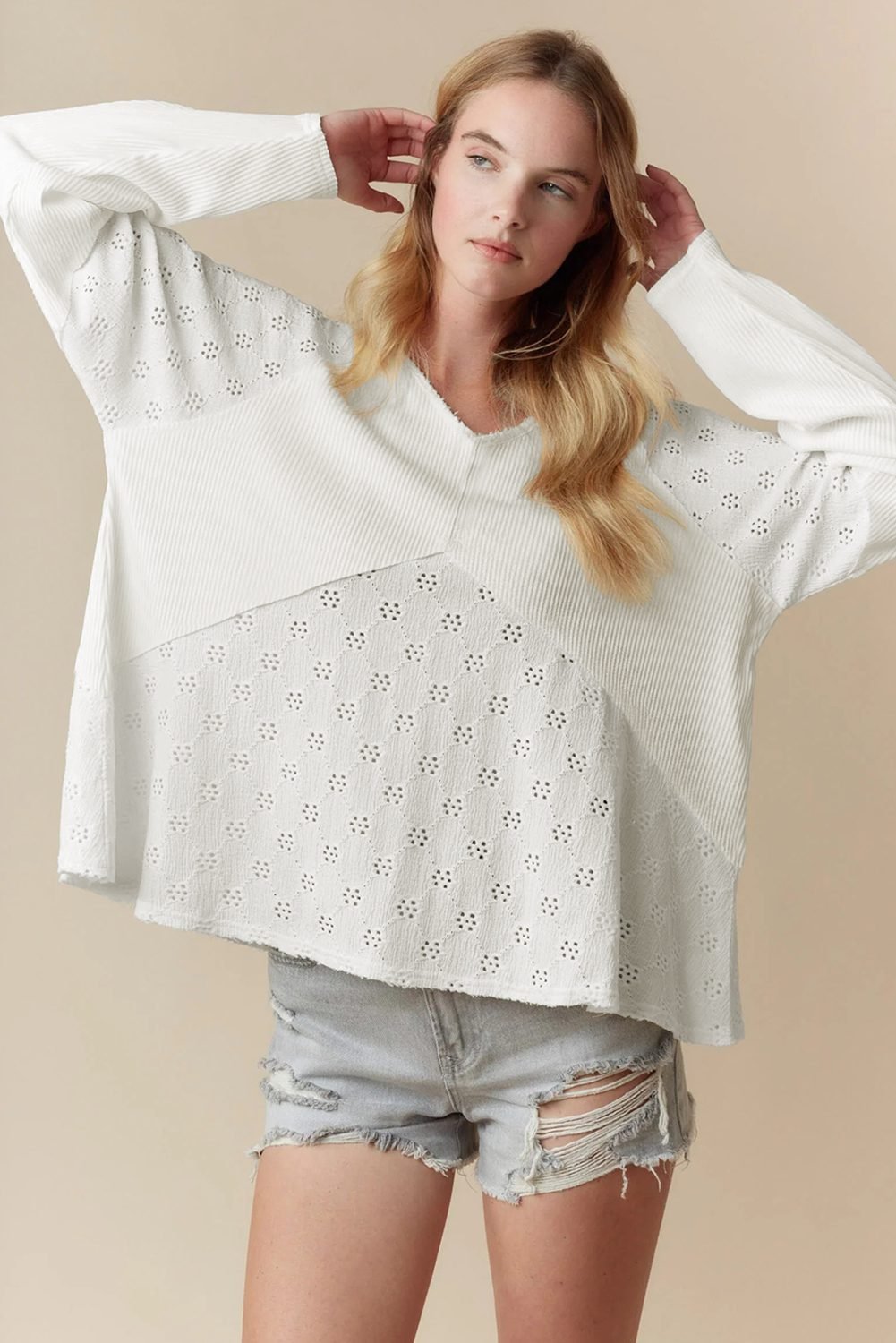 White Twisted Rib Patchwork Embroidered Loose V Neck Long Sleeve Top