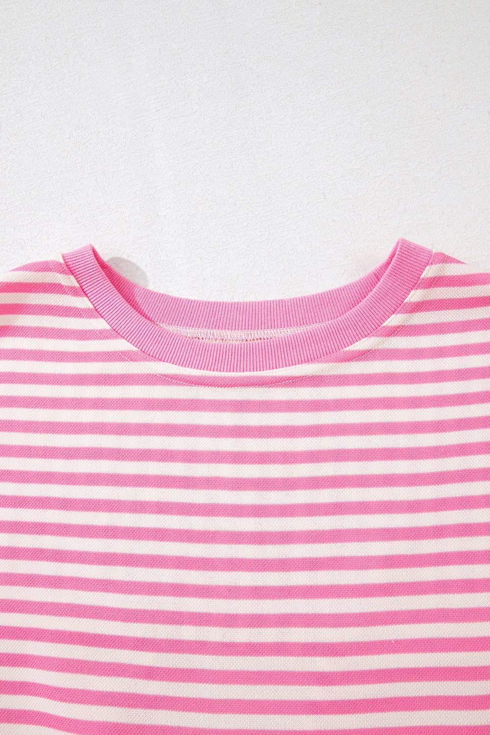 Pink Stripe Bowknot Cutout Back Drop Shoulder Wide Bracelet Sleeve Loose Tee