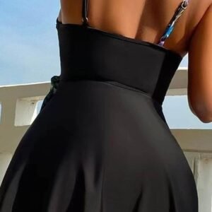 Black Floral Print Wrapped Spaghetti Straps Tankini Set