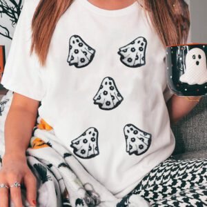White Playful Ghost Patched Cotton Blend T Shirt
