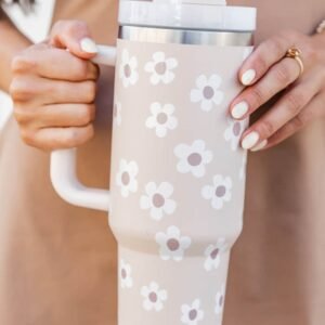 Parchment Floret Print Stainless Tumbler With Lid And Straw