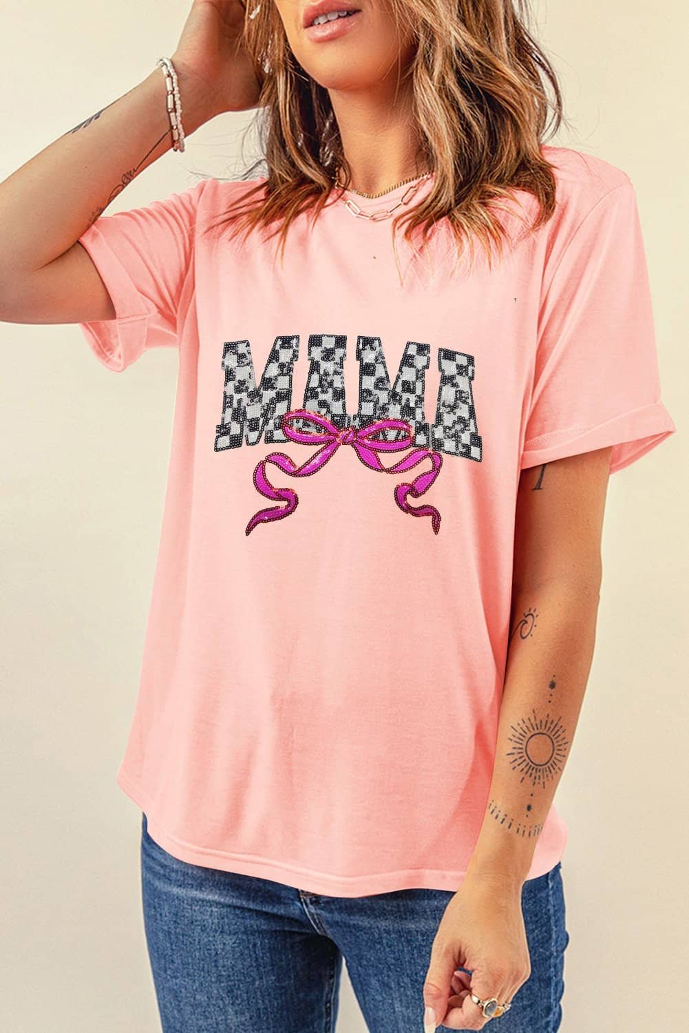 Pink Sequin Checkered Mama Bow Graphic T Shirt