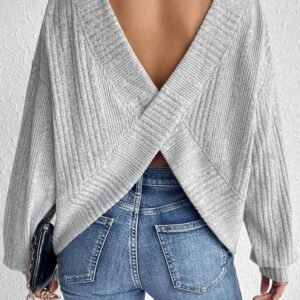 Light Grey Textured Crossover Backless Knit Long Sleeve Top