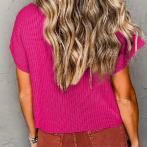 Rose Red Patch Pocket Ribbed Knit Short Sleeve Sweater