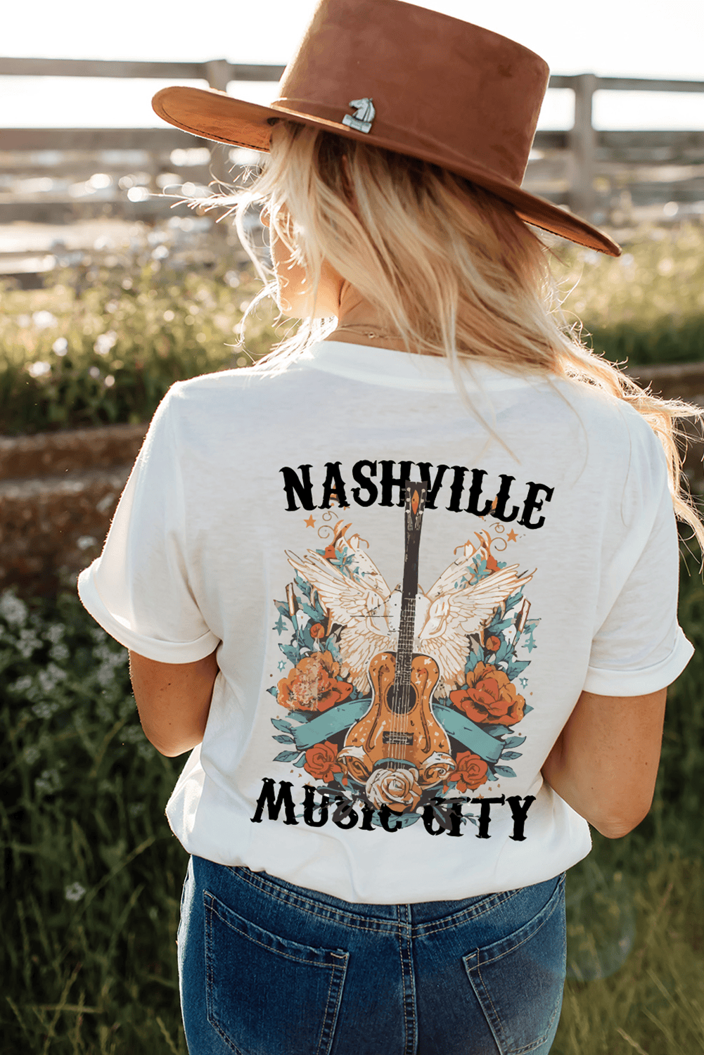 White Nashville Music City Guitar Wings Graphic Tee
