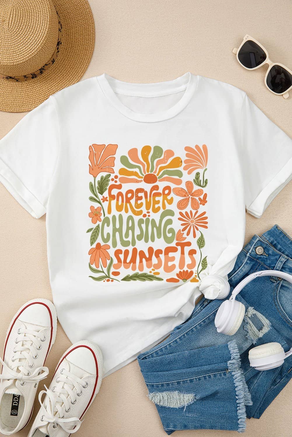 White Forever Chasing Sunsets Floral Print T Shirt