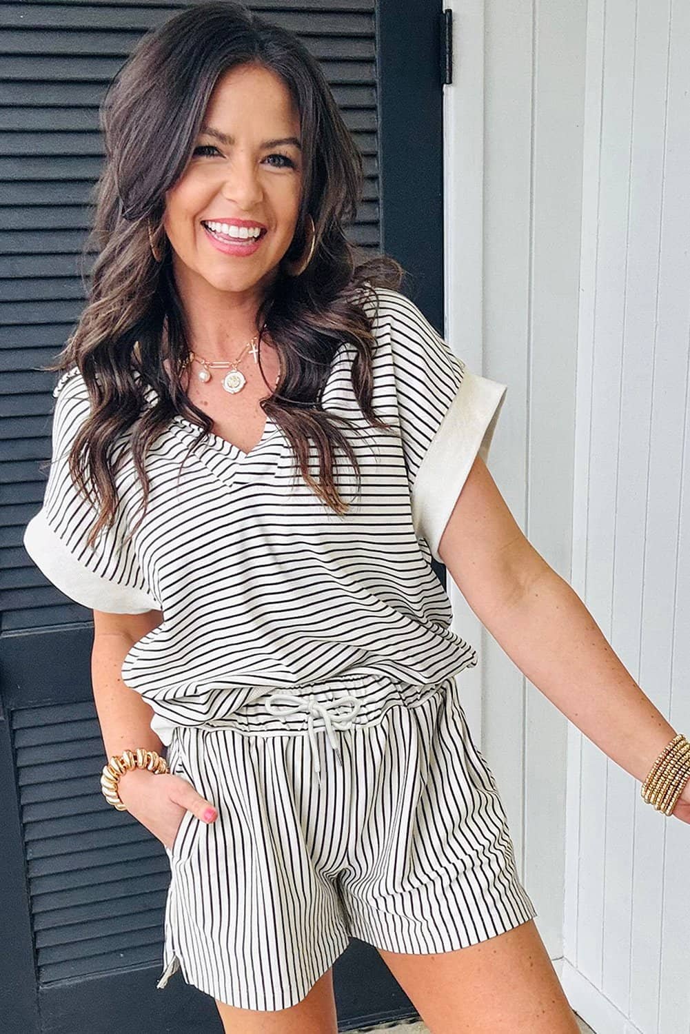 Black Stripe V Neck Tee And Casual Short Set