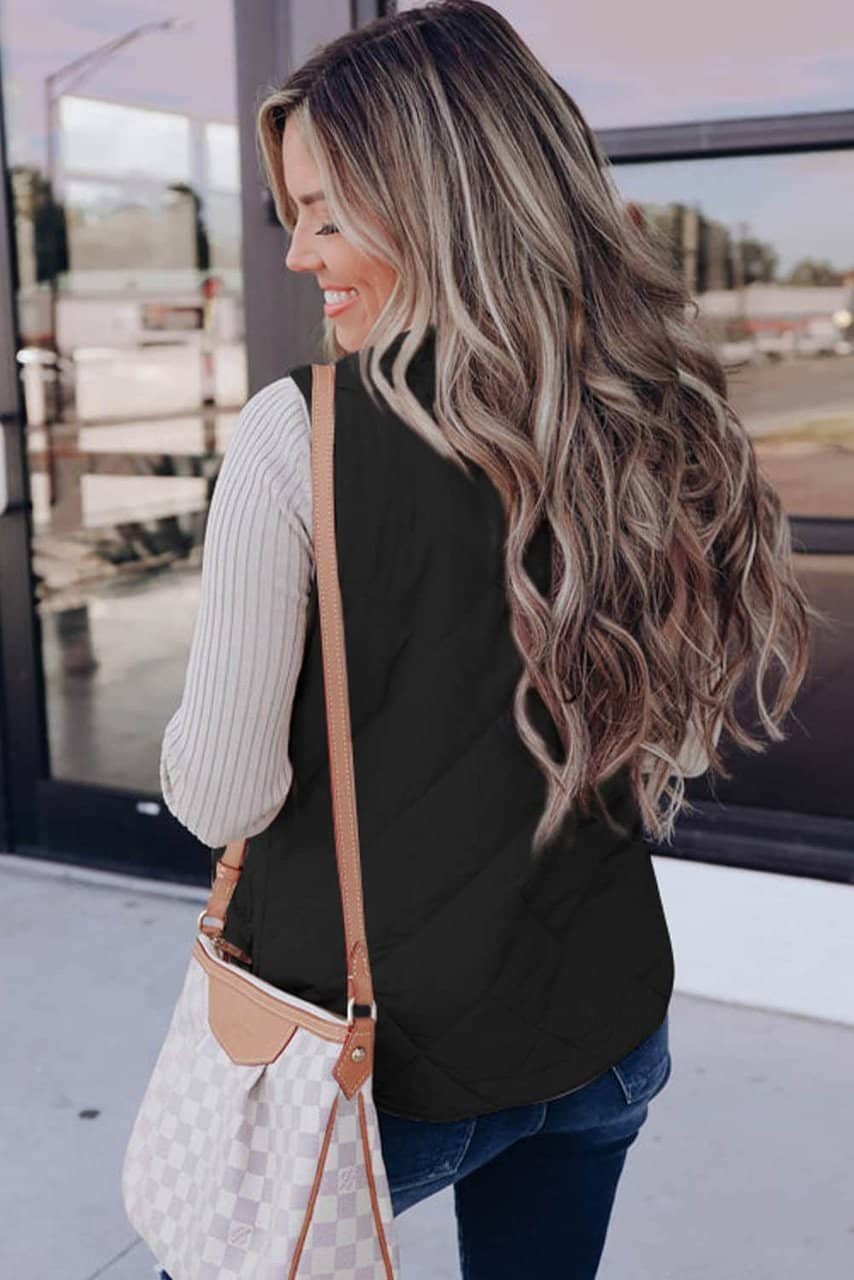 Black Fleece Lined Quilted Zip Up Vest Coat
