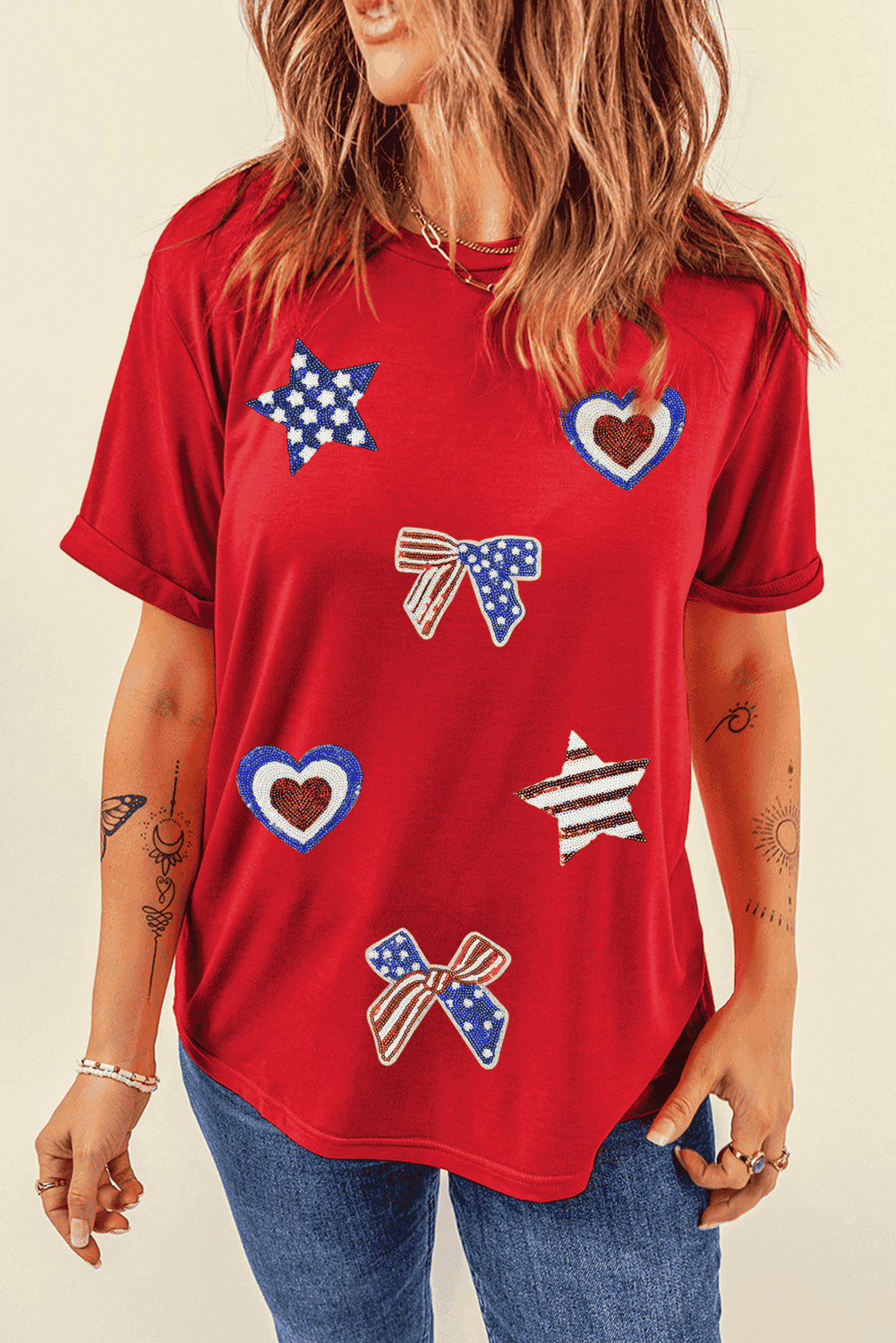 Red American Flag Inspired Sequined Pattern Crewneck Tee