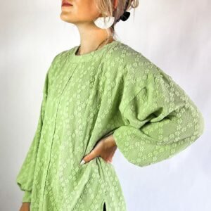 Light Green Solid Color Textured Side Split Crew Neck Blouse