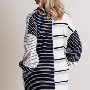 Black Stripe Colorblock Knit Henley Collar Shift Long Sleeve Mini Dress