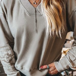 Parchment Aztec Embroidered Western V Neck Sweatshirt