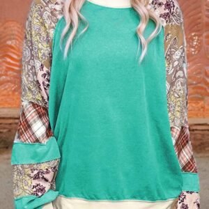 Aruba Blue Plaid Vintage Paisley Patchwork Long Sleeve Raglan Top