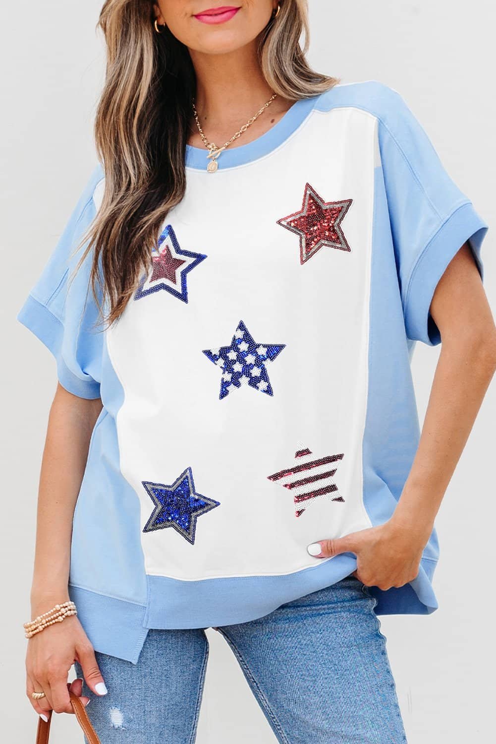 Sky Blue Patriotic Star Patched Colorblock T Shirt