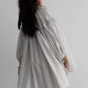 White Stripe Checkered Frilled V Neck Bracelet Sleeve Babydoll Dress