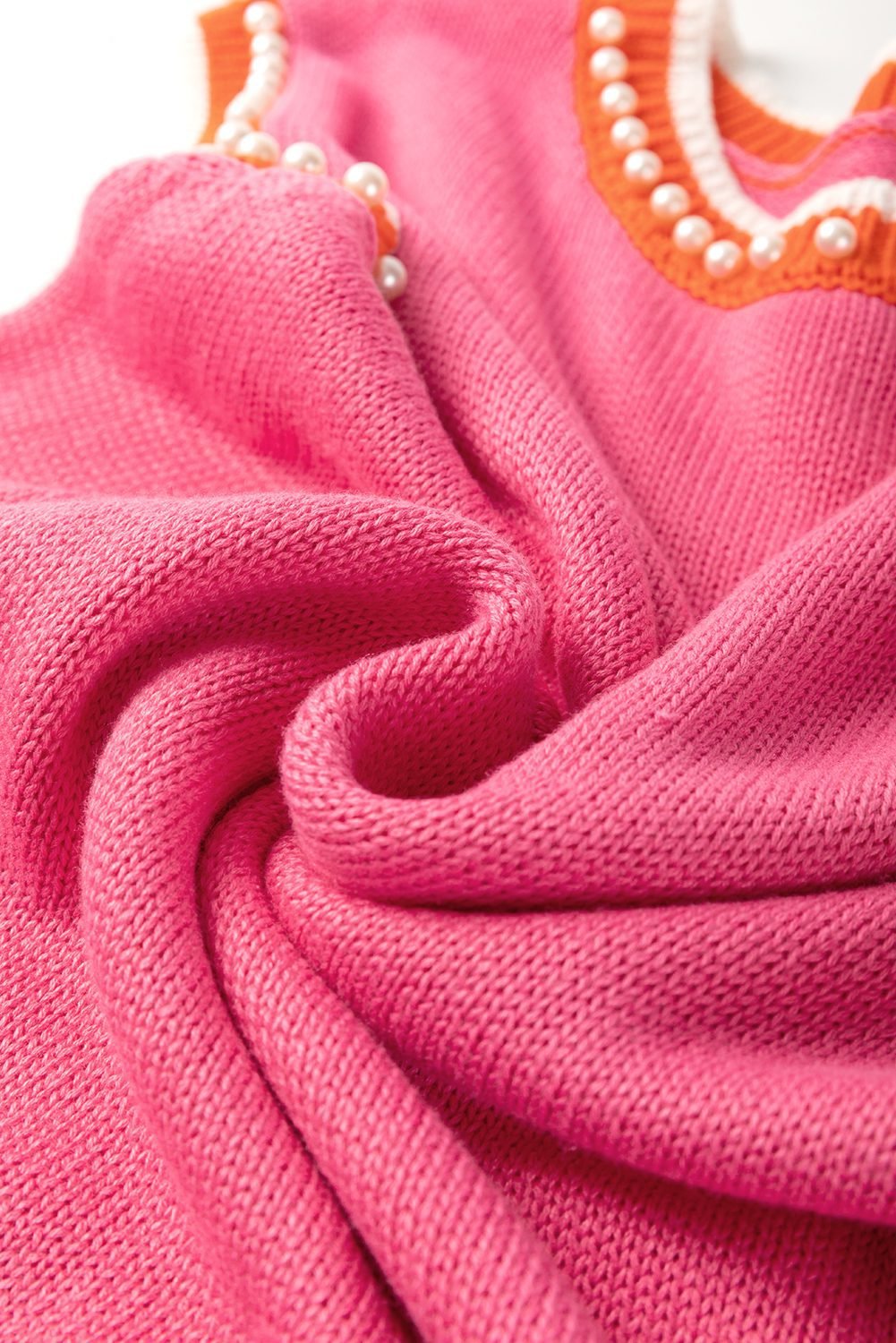 Bright Pink Contrast Trim Pearl Detail Sweater Tank Top