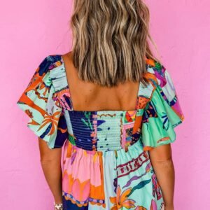 Sky Blue Tropical Printed Square Neck Flutter Sleeve Babydoll Blouse