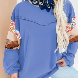 Blue Exposed Seam Floral Mixed Patchwork Relaxed Plus Size Top