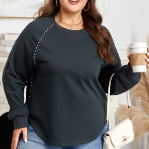 Black Studded Decor Ribbed Edge Mineral Wash Plus Size Jumper