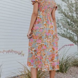 Sky Blue Floral Bubble Sleeve Smocked Flowy Ruffle Dress