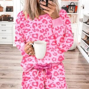 Pink Leopard Long Sleeve Satin Tie Shorts Two Piece Set