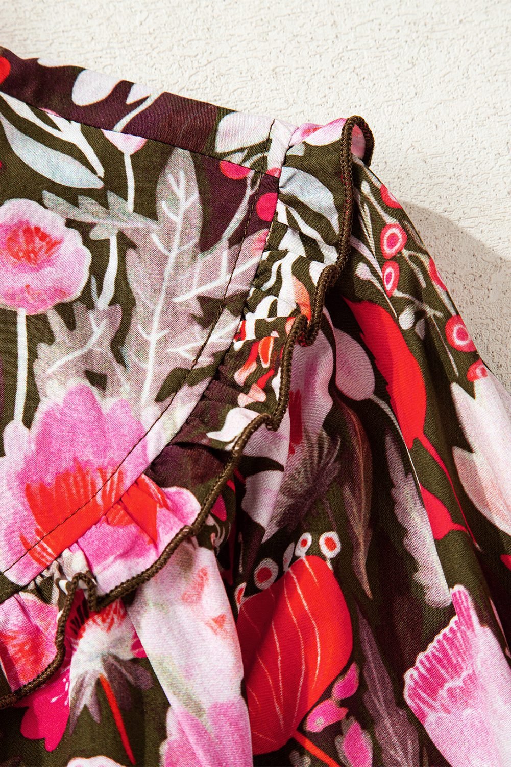 Red Floral Three Quarter Sleeve Lace-Up Neck Blouse