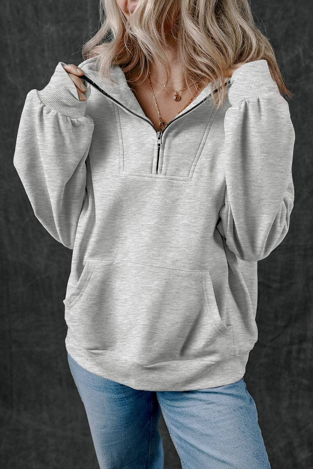 Light Grey Zip-Up Stand Neck Kangaroo Pocket Sweatshirt