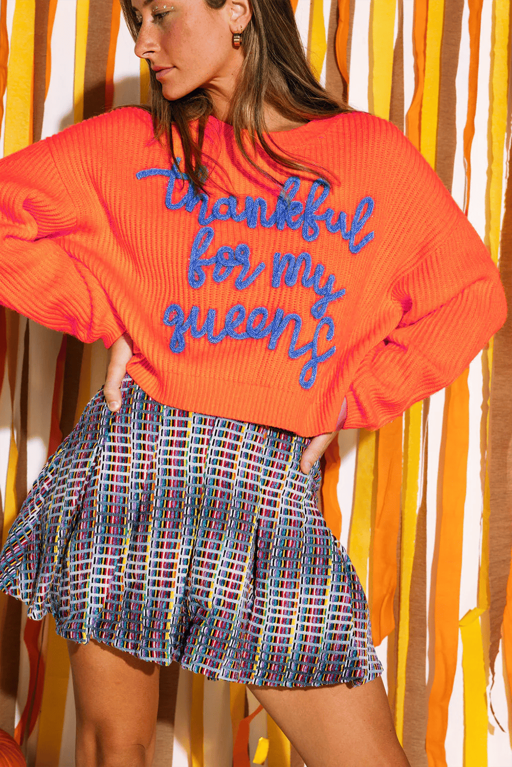 Vitality Orange Thankful For My Queens Ribbed Knit Drop Shoulder Graphic Sweater
