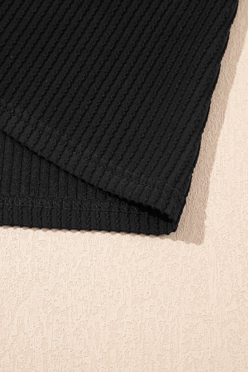 Black Solid Color Corded Short Sleeve Top And Casual Pants Set