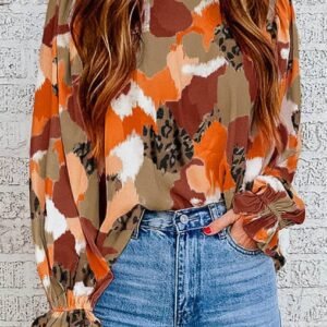 Orange Multicolor Abstract Printed Long Sleeve Blouse