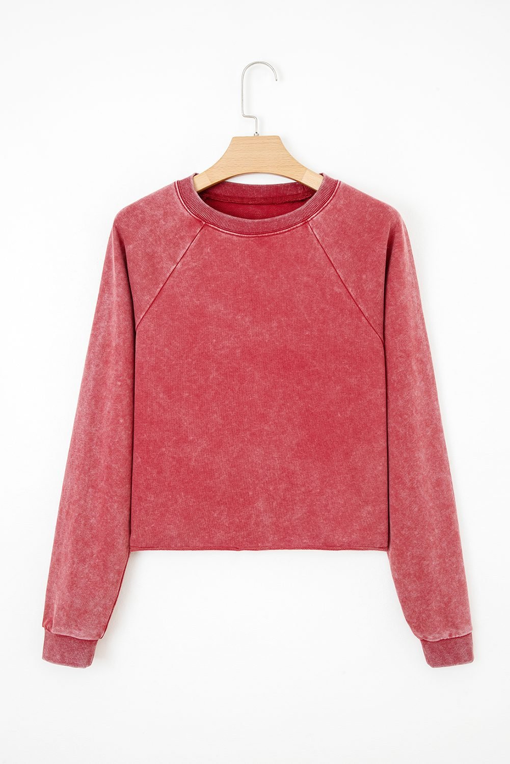 Racing Red Mineral Wash Raglan Sleeve Raw Hem Crop Sweatshirt