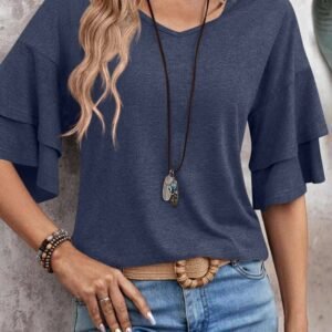 Sail Blue Solid Colour V-Neck Double Layer Sleeve Loose T-Shirt